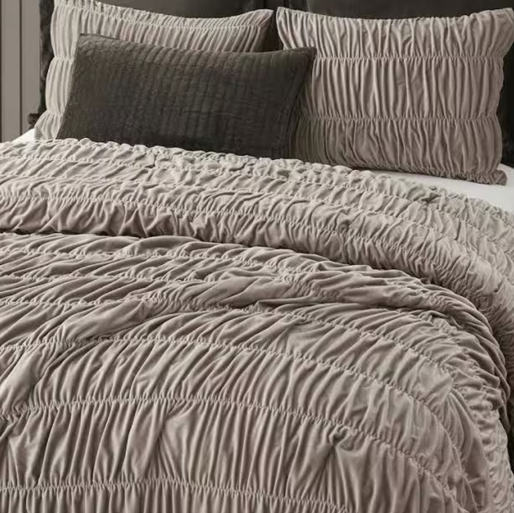 Anthropologie Lazybones Jersey Ruched Taupe Queen Duvet Cover